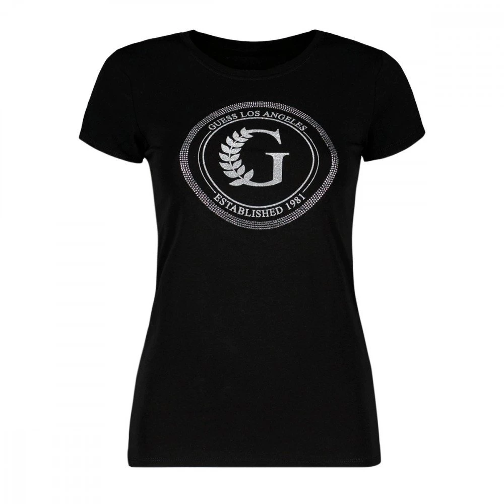 GUESS T-SHIRT STRETCH NEW LOGO CERCHIO DONNA Nero 3 GUESS T-SHIRT STRETCH NEW LOGO CERCHIO DONNA Nero
