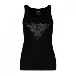 GUESS CANOTTA LOGO STRASS DONNA Nero