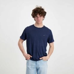 SUN 68 T-SHIRT IN LINO Blu -Offerta Economica Novità sun 68 t32136 t shirt in lino casual uomo 044820601 07 4