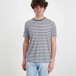 SUN 68 T-SHIRT IN LINO A RIGHE Bianco, Grigio -Offerta Economica Novità sun 68 t32137 t shirt in lino a righe casual uomo 044821201 9918 2