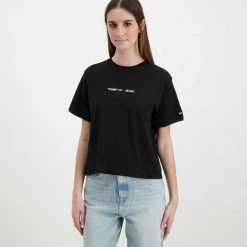 TOMMY JEANS T-SHIRT LINEAR LOGO DONNA Nero 10 TOMMY JEANS T-SHIRT LINEAR LOGO DONNA Nero -Offerta Economica Novità tommy jeans dw0dw10057 t shirt linear logo donna casual donna 045112501 bds 3