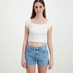 TOMMY JEANS T-SHIRT CROP SPALLE SCOPERTE DONNA Bianco -Offerta Economica Novità tommy jeans dw0dw12599 t shirt crop spalle scoperte donna casual donna 045113701 ybr 3