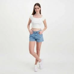 TOMMY JEANS T-SHIRT CROP SPALLE SCOPERTE DONNA Bianco -Offerta Economica Novità tommy jeans dw0dw12599 t shirt crop spalle scoperte donna casual donna 045113701 ybr 6