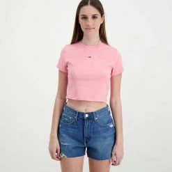 TOMMY JEANS T-SHIRT CROP A COSTE LOGO DONNA Rosa -Offerta Economica Novità tommy jeans dw0dw12848 t shirt crop a coste logo donna casual donna 045114901 the 3