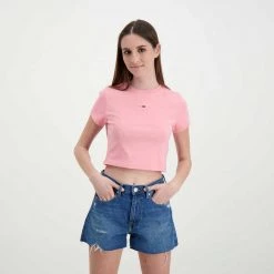 TOMMY JEANS T-SHIRT CROP A COSTE LOGO DONNA Rosa -Offerta Economica Novità tommy jeans dw0dw12848 t shirt crop a coste logo donna casual donna 045114901 the 5