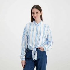 TOMMY JEANS CAMICIA CON NODO DONNA Azzurro, Bianco -Offerta Economica Novità tommy jeans dw0dw12901 camicia con nodo donna casual donna 045115401 cy0 5