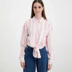 TOMMY JEANS CAMICIA CON NODO DONNA Bianco, Rosa -Offerta Economica Novità tommy jeans dw0dw12901 camicia con nodo donna casual donna 045115501 the 3